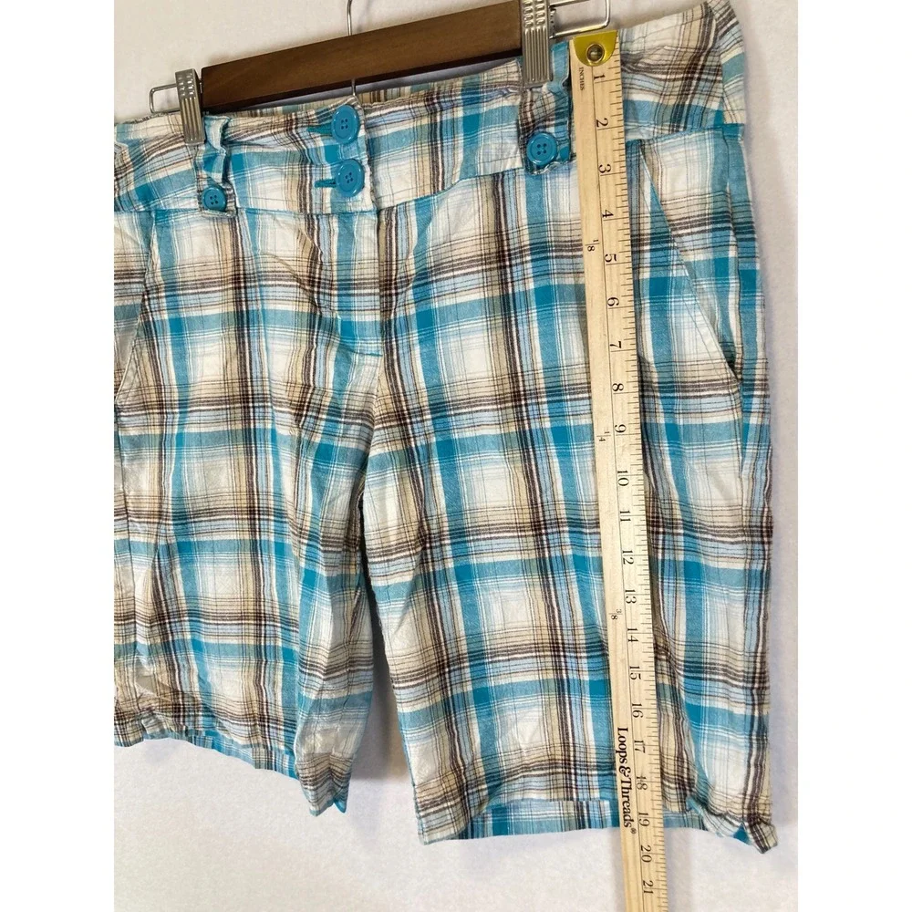 Y2K Coastal Bugle Boy For Her XL Turquoise Brown Plaid Cotton Blend Shorts